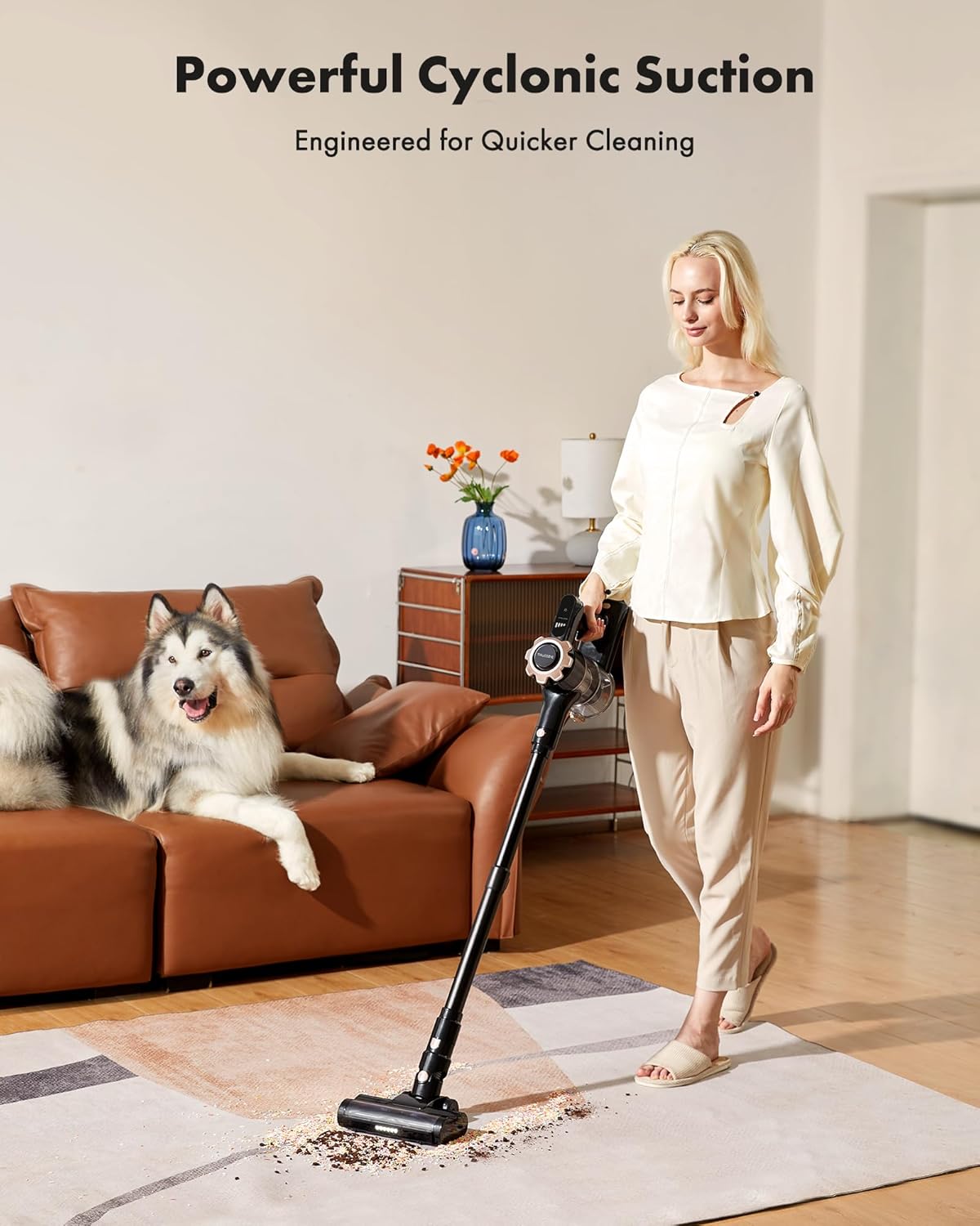 Cordless Vacuum Cleaner, 8-in-1 Lightweight Stick Vacuum with 45mins Runtime, Powerful Suction, Rechargeable Cordless Vacuum for Carpet, Tile, Pet Hair, Hardwood Floors, Black