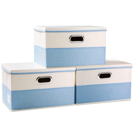 PRANDOM Large Foldable Storage Boxes with Lids [3-Pack] Fabric Collapsible Storage Bins Organizer Containers Baskets Cube with Cover for Home Bedroom Closet Office Nursery Blue&Cream(17.7x11.8x11.8)