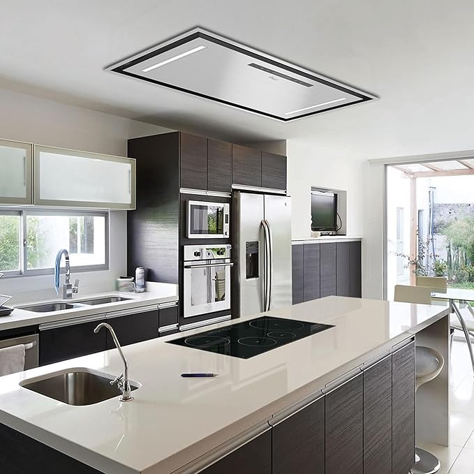 Awoco 36”W Flush Ceiling Mount Split Insert Range Hood, Stainless Steel 4 Speeds 1000 CFM, 8” Round Vent LED Lights Remote Control (36"W 19"D 8" Vent)