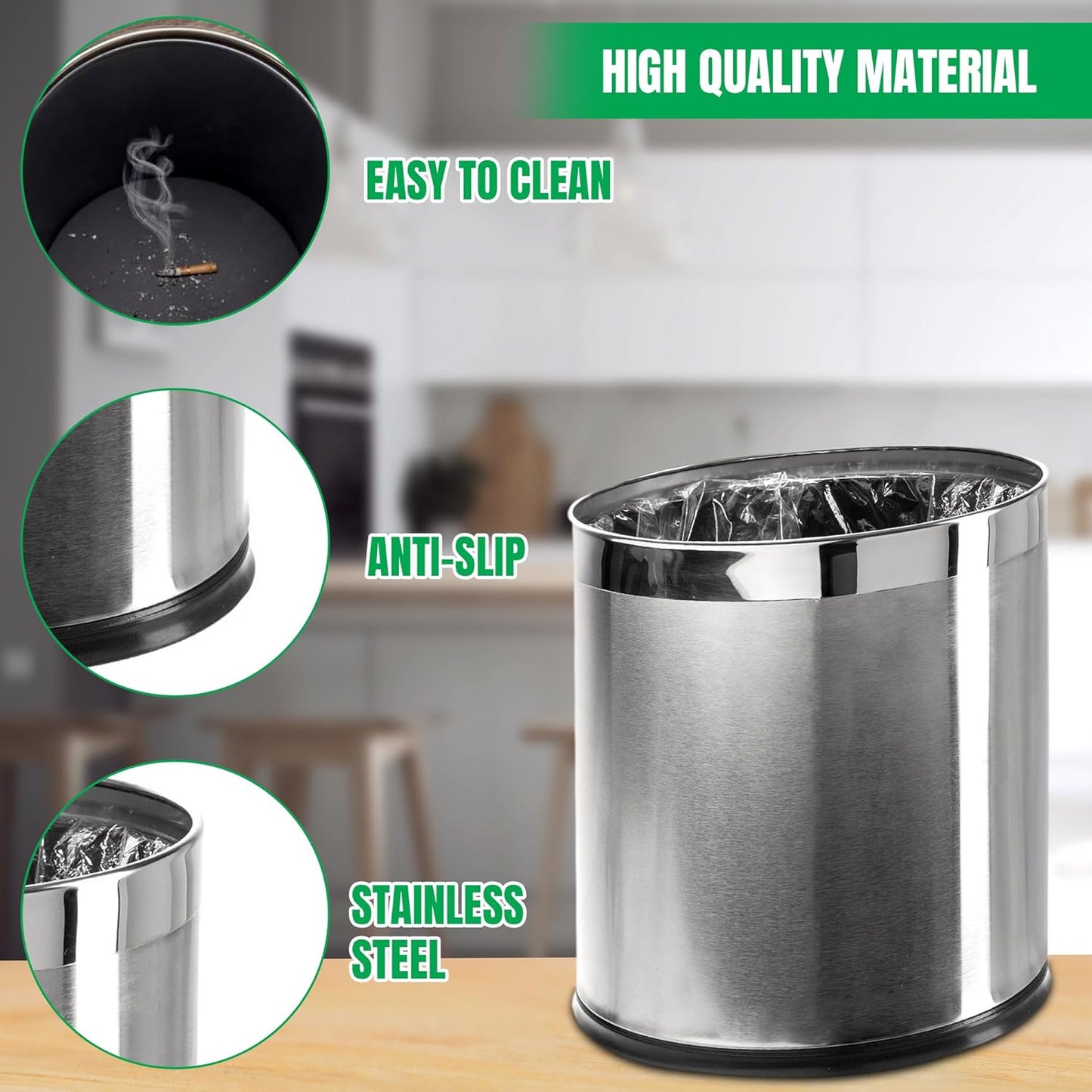 Invisi-Overlap' Open Top Stainless Steel Trash Can, Small Office Wastebasket, Modern Home Décor, Oval Shape