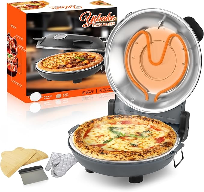 12" Electric Pizza Oven - Countertop Pizza Maker with Ceramic Stone, Heats up to 800°F, Portable Indoor Pizza Oven for Homemade Pizzas, Grey