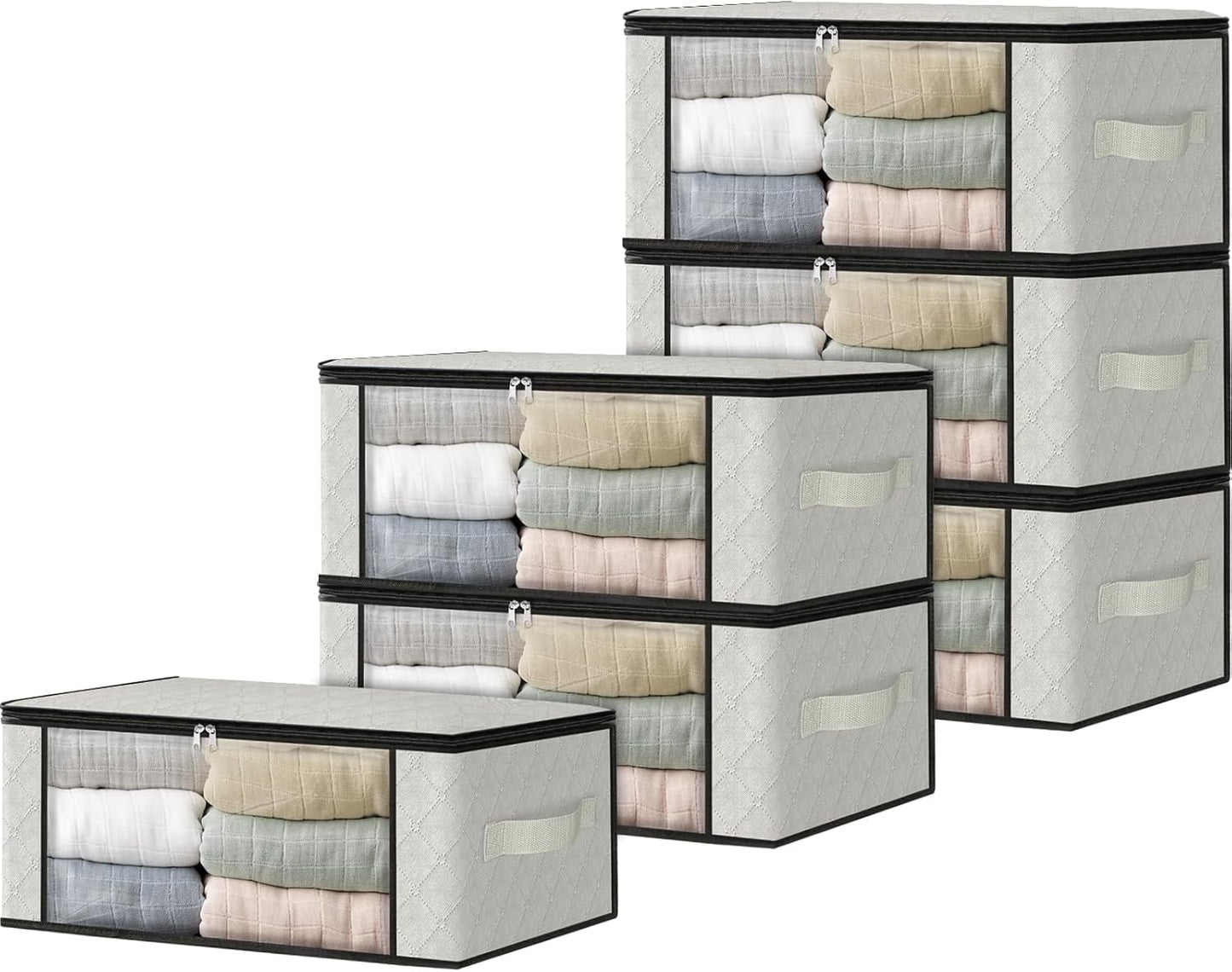 HomeHacks Storage 6-Pack Clothes Organizer Storage Bags Foldable Storage Box with Large Clear Window Sturdy Handles for Closet, Dorm, Pillows, Bedding, Clothes, Blankets, 35L, Ivory