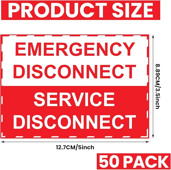 LEIFIDE 50 Pack NEC Compliant Emergency Disconnect Sticker 5"x 3.5" Emergency Disconnect Service Warning Sticker Shut Off Sign Uv-Resistant Electric Panel Labels Vinyl Waterproof for Indoor Outdoor