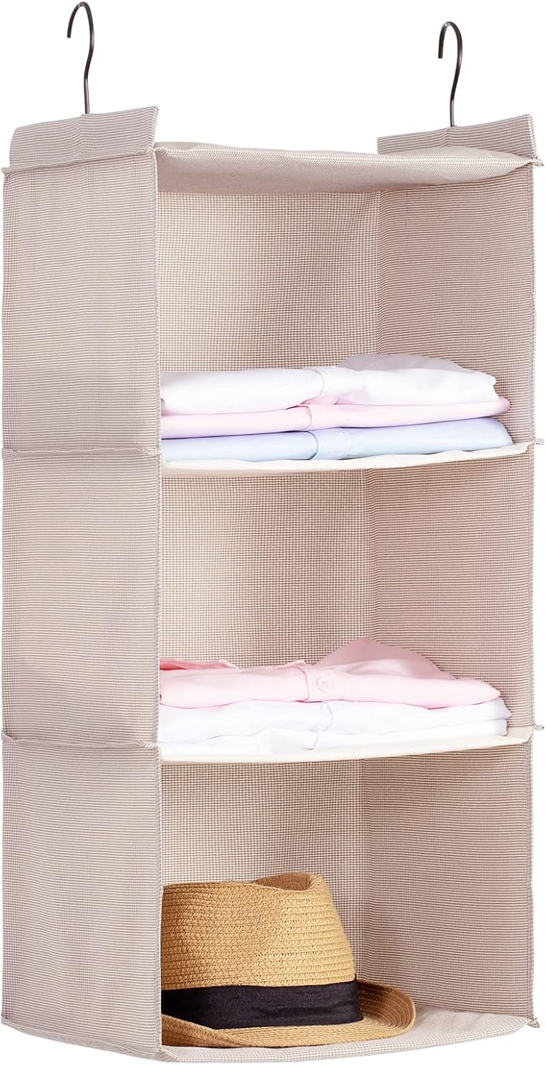 Hanging Closet Organizer, Easy Mount Foldable 3-Shelf Hanging Closet Wardrobe Storage Shelves, Clothes Handbag Shoes Accessories Storage, Imitation Linen Fabric, Beige Houndstooth