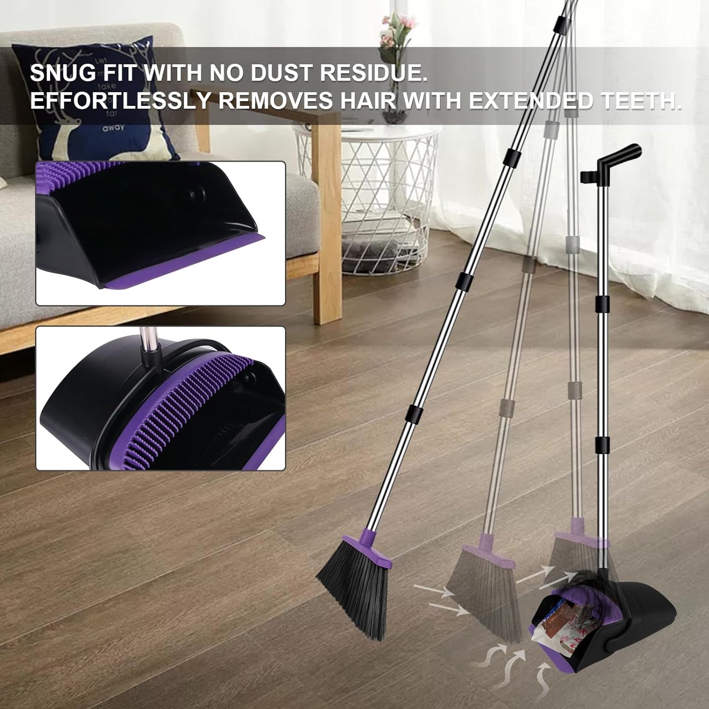 Broom with Dustpan Combo Set, 51" Household Dustpans and Broom, Standing Dust Pan Set for Home, Purple Cleaning Set for Kitchen Lobby Indoor Outdoor