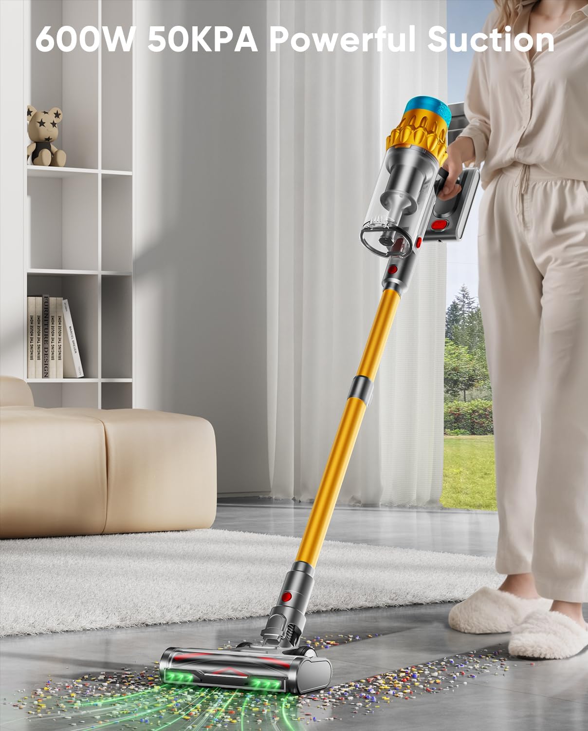 Cordless Vacuum Cleaner, 600W/50KPA, Max 70 Mins Runtime, Self-Standing Vacuum Cleaners for Home, Anti-Tangle Stick Vacuum, Smart Display Vacuum Cordless with 1.8L Cup for Pet Hair/Carpet (Gold)