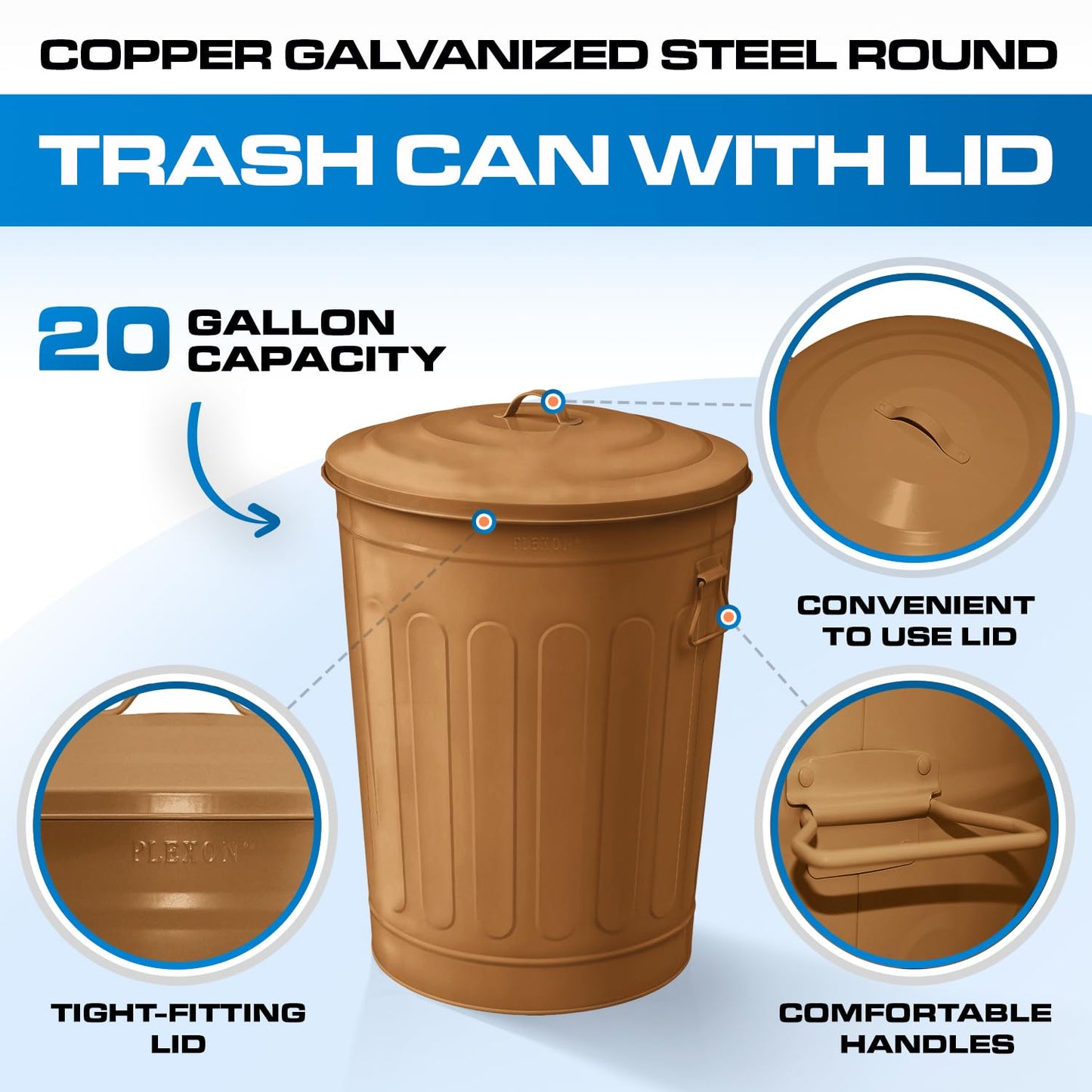 Plexon Round Trash Can 13 Gallon, Vintage Metal Outdoor Trash Can with Lid, Retro Farmhouse Garbage Container, Old School Modern Ash Bucket, Copper 2 Pack