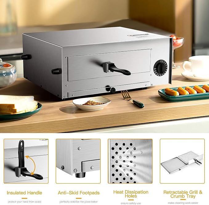 GOFLAME 1450W Electric Pizza Oven, 12 Inch Stainless Steel Pizza Oven Countertop with Insulated Handle & Removable Tray, Commercial Pizza Maker for Restaurant Home Party