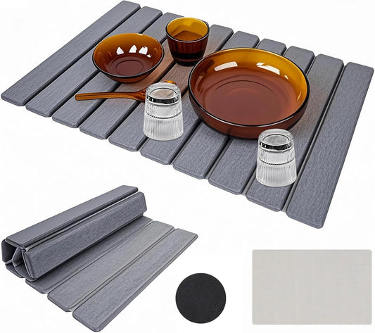 Large Diatomite Kitchen Counter Drying Mat – 24”x16”, Aesthetic Stone Mat for Dishes, Roll-Up Space-Saving & Quick-Drying Stone Rack, Dark Grey