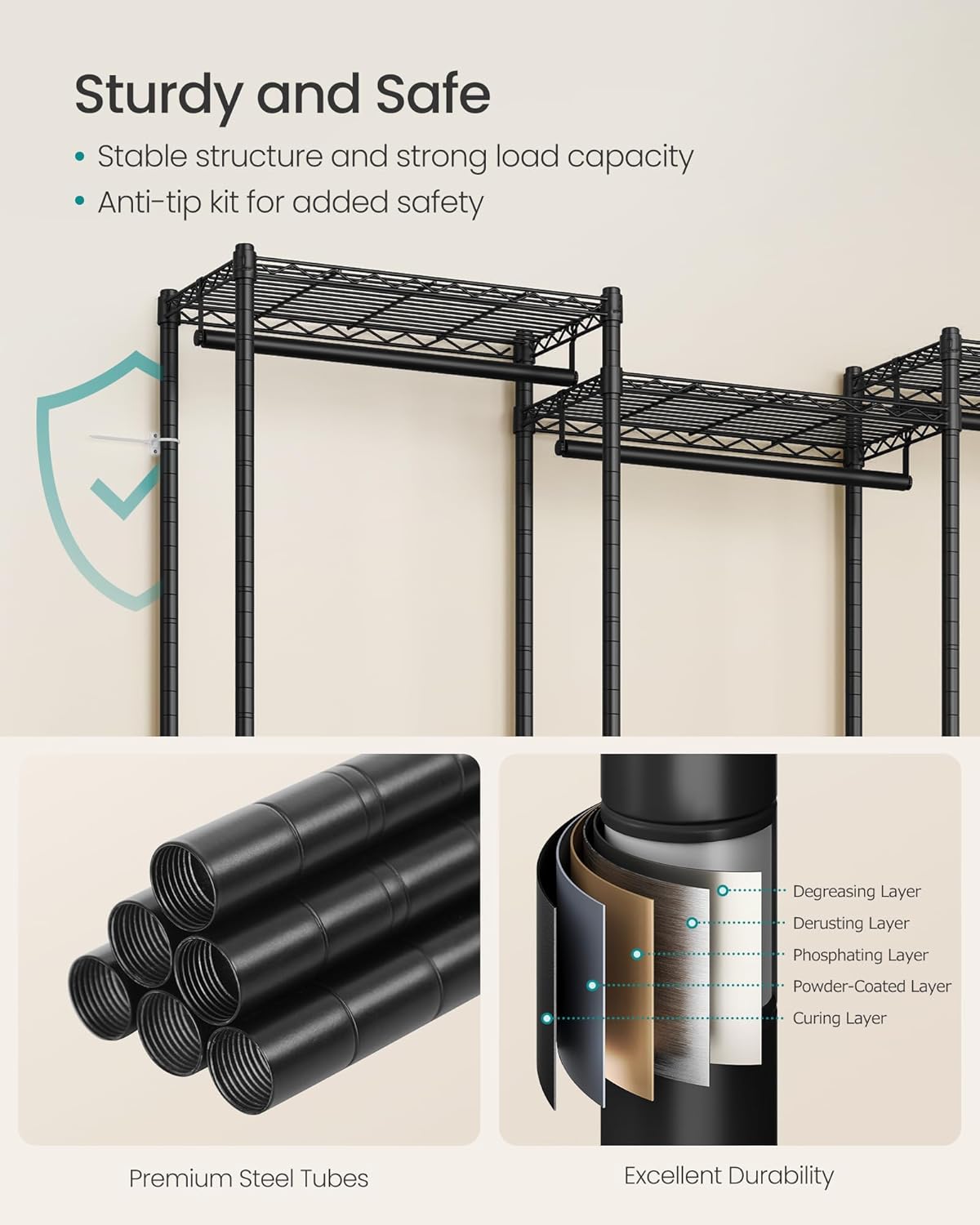 SONGMICS Heavy-Duty Clothes Rack, Garment Rack, Portable Closet, 68.7-Inch Wide Clothing Rack with Adjustable Mesh Shelves and Hanging Rails, Ink Black ULGR433B01