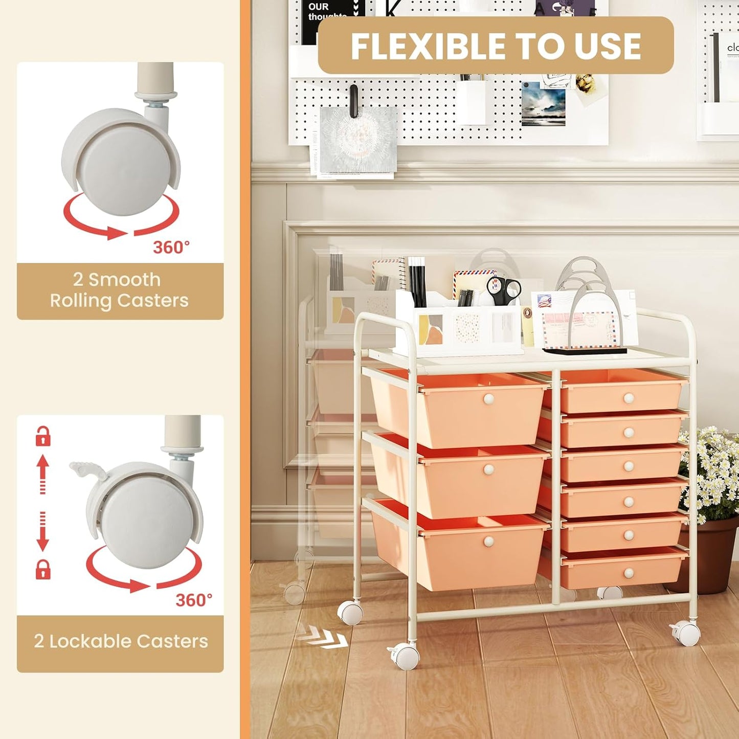 GOFLAME 9-Drawer Rolling Storage Cart, Mobile Utility Cart with Removable Drawers & Metal Frame, Art Craft Organizer Cart with Lockable Wheels, Storage Drawer Cart for Home Office School, Peach Fuzz