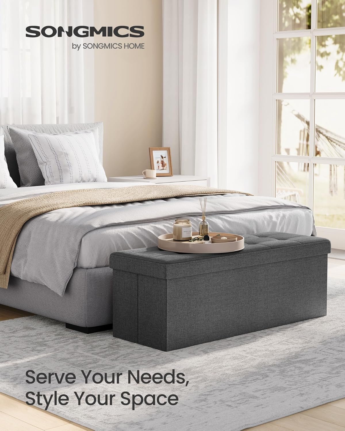 SONGMICS MAZIE Collection - 43 Inches Folding Storage Ottoman Bench, Ottoman Foot Rest, End of Bed Bench, Storage Chest, Load 660 lb, for Living Room, Bedroom, Entryway, Dark Gray ULSF77K
