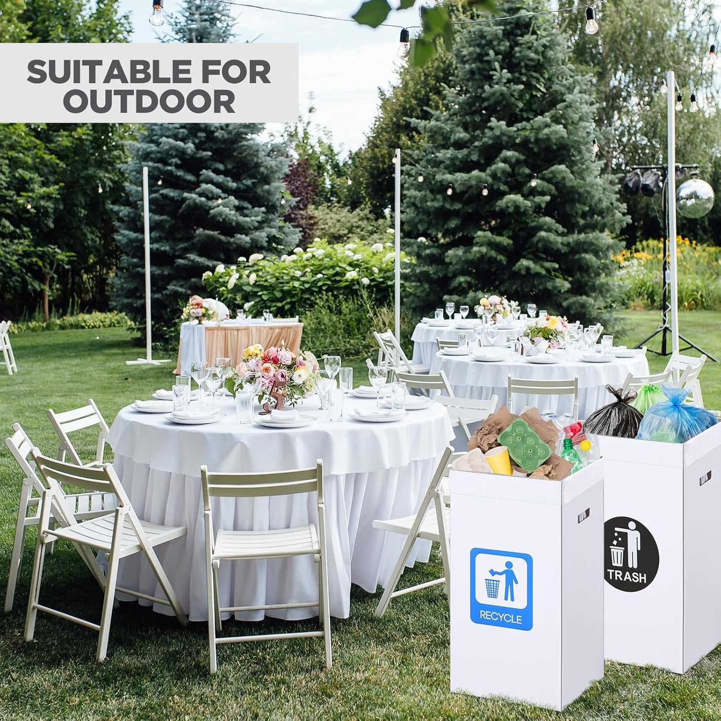 Tioncy 5 Pcs 30 Gallon Corrugated Cardboard Trash Cans Recycling Bins with Trash and Recycle Letters White Disposable Garbage Container Reusable Garbage Boxes for Party Camping Outdoor Events