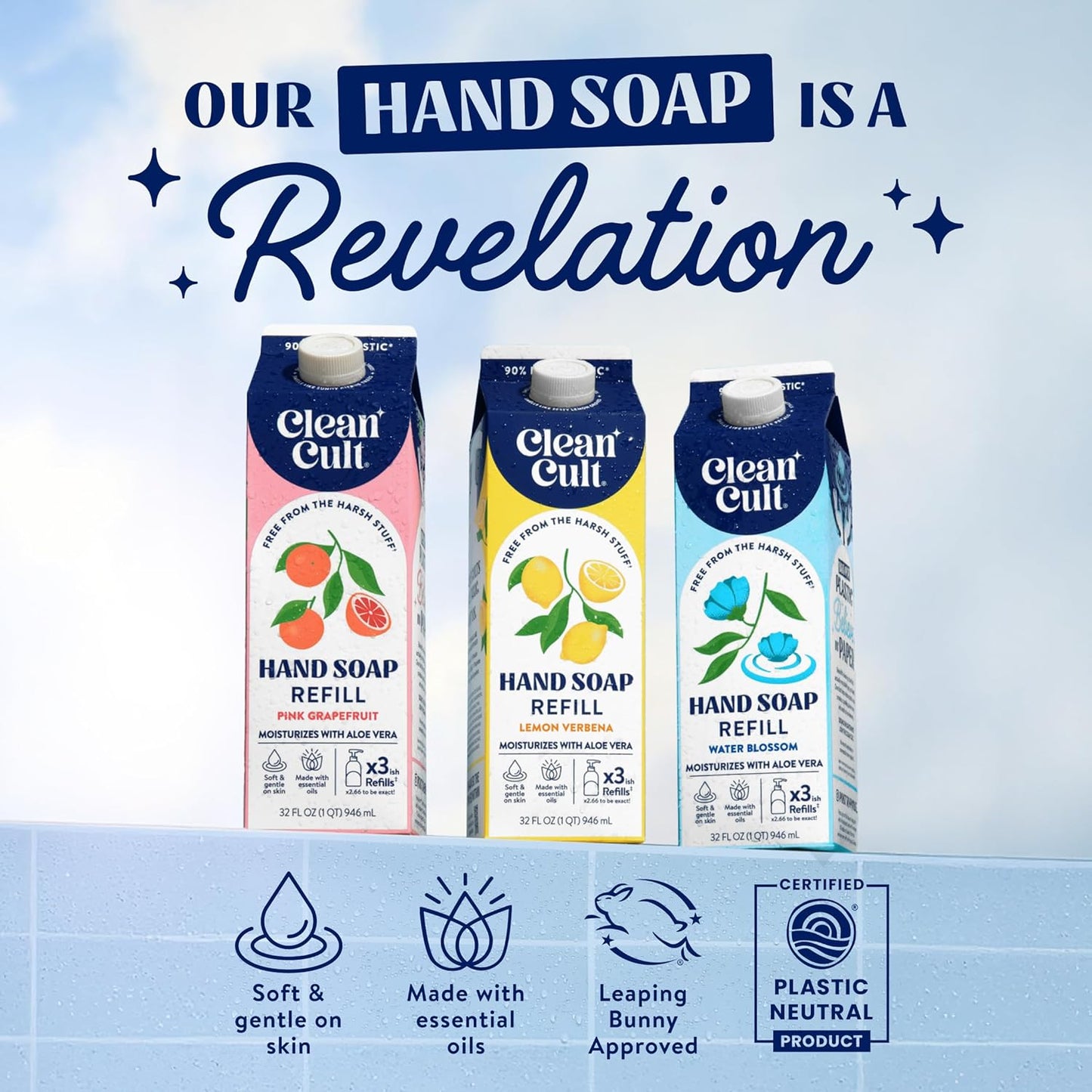 Cleancult Liquid Hand Soap Refills - Lemon Verbena - Moisturizes Dry & Sensitive Skin - Made with Aloe Vera & Essential Oils - Eco Friendly - Paper-Based Packaging - 32 oz/3 Pack