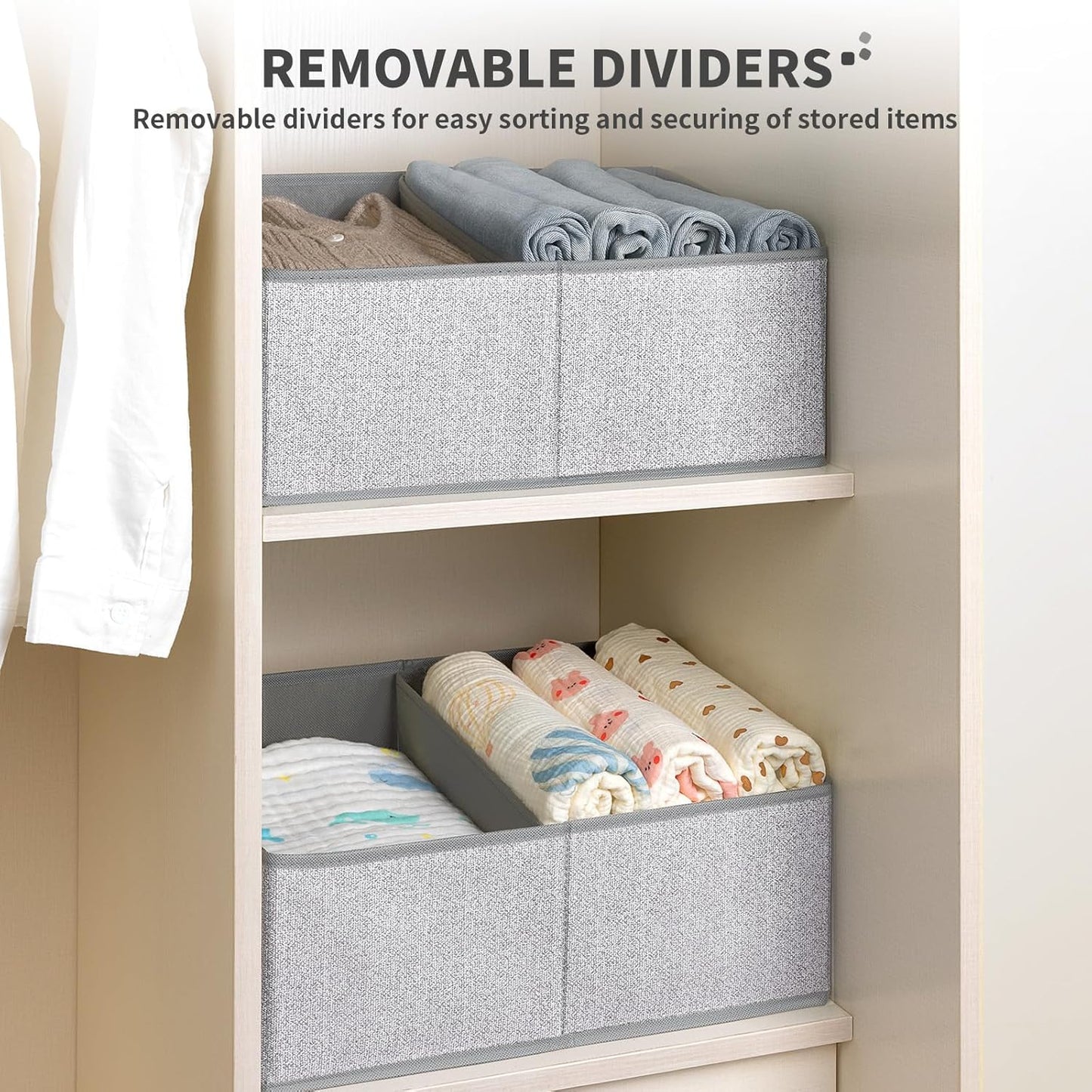 DIMJ Large Closet Shelf Organizer Bins 6 Packs with Handles and Divider, Fabric Trapezoid Storage Baskets, Foldable Clothes Containers Box for Shelf, Towel, Book, Toy, Purse, Hats, Grey
