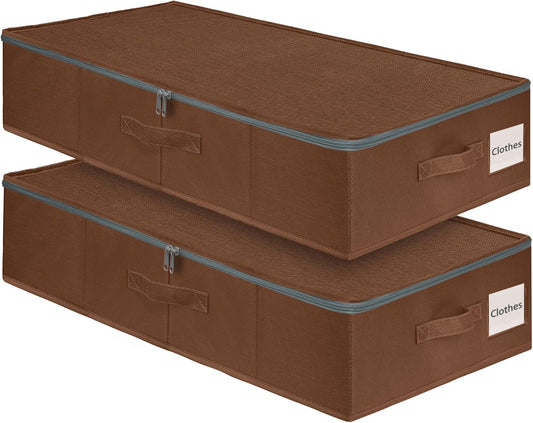 punemi Underbed Storage Box, Under Bed Clothes Storage With Sturdy Structure and Ultra Thick Fabric & zipper Lid, Use as Clothes Organizer, Pillow and Blanket Organizer, Brown, Large, 2 pack