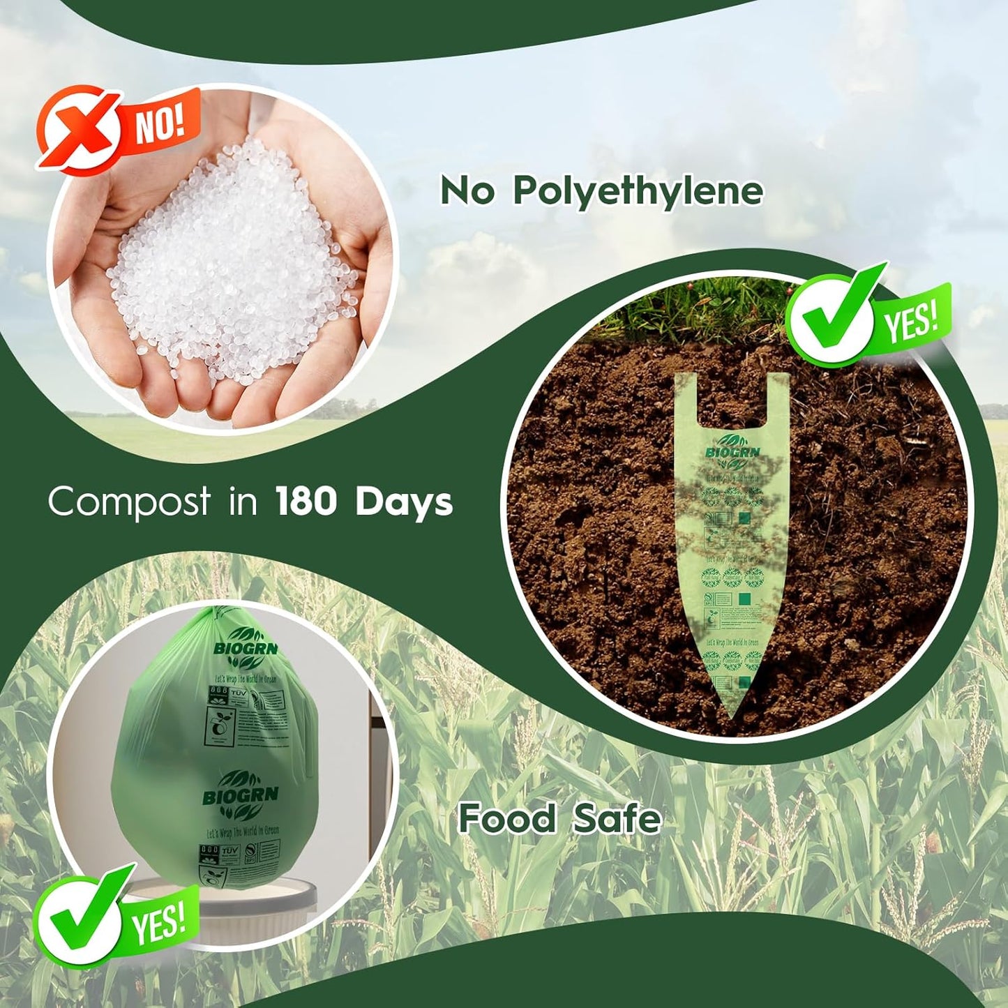 10-13 Gallon Compostable Trash Bags with Handles 30 Bags compost bags Food Scrap Green Waste Bags Thick 0.87 Mil 49.21 Liter ASTM D6400, US BPI and OK Compost Home Certified