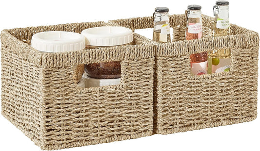 Seagrass Wicker Basket, Decorative Woven Baskets with Built-in Handles, Hand-woven Storage Organizer for Organizing Pantry, Shelves, Laundry, Livingroom, Bedroom, Toilet(2-PACK, Natural)