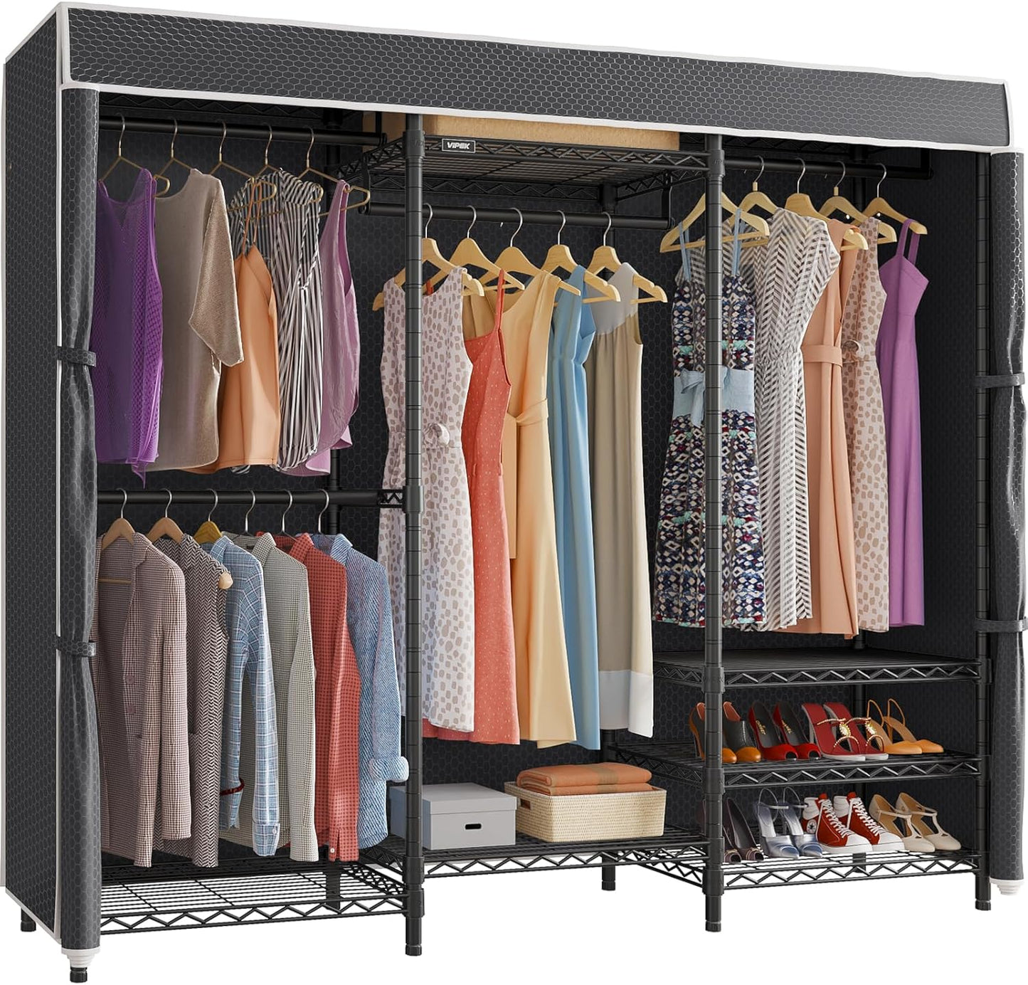 VIPEK V5C Heavy Duty Covered Clothes Rack Portable Closet Rack, Black Metal Clothing Rack with Black Upgarded Polyester Cover Cover, Adjustable Custom Freestanding Closet Wardrobe, Max Load 800LBS