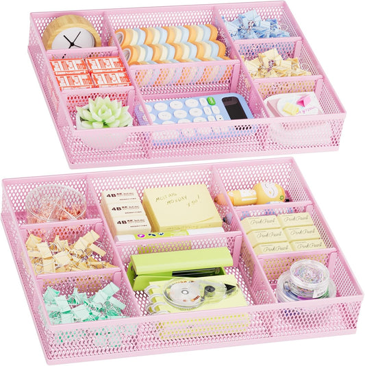 Marbrasse 2 Pack Desk Drawer Organizer, Mesh Drawer Organizer Tray with 8 Adjustable Compartments, Desk Organizers and Accessories, 5 Dividers Drawer for Office Supplies, Makeup & Vanity (Pink)