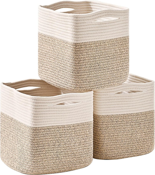 11 Inch Cube Storage Bins, Organizer Woven Cotton Rope Square Baskets for Organizing Shelves, Toys, Nursery, Off White & Brown (Pack of 3)