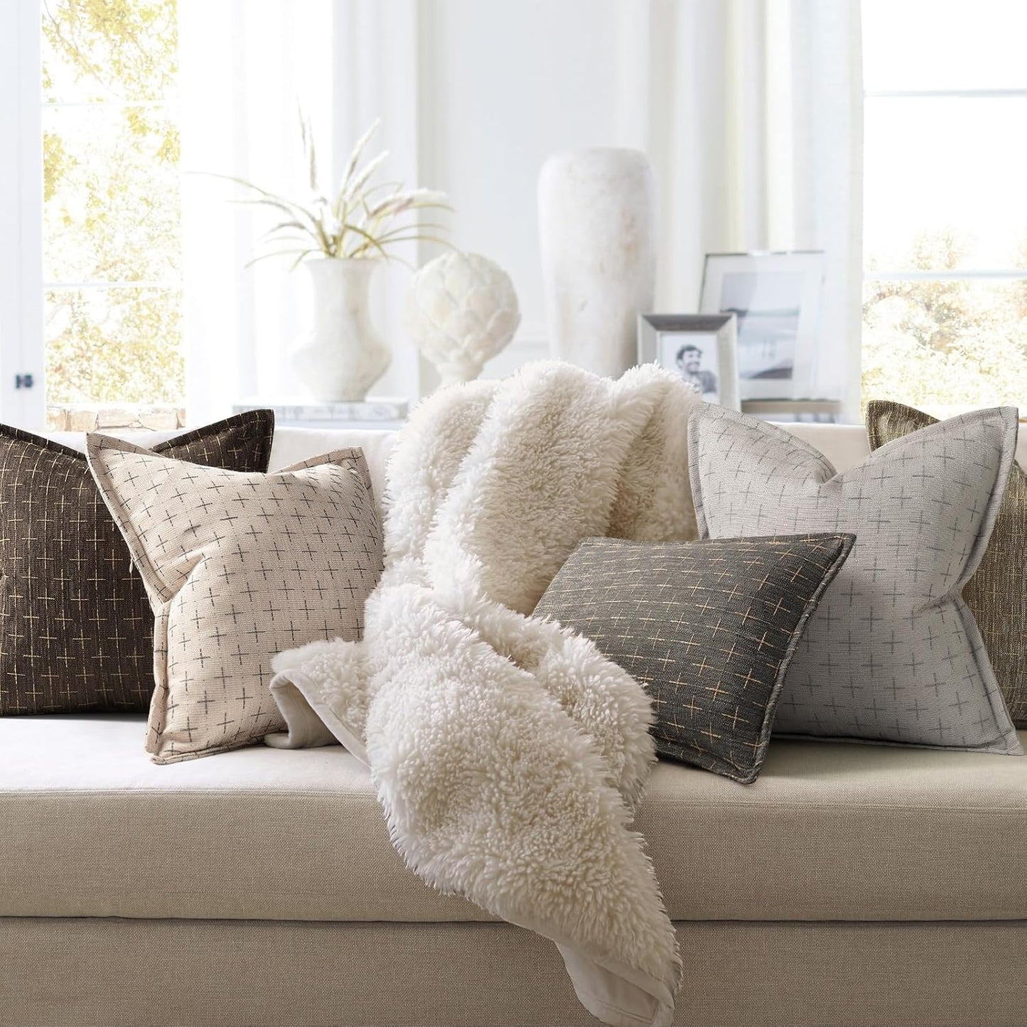 Pillow Covers 26x26 Set of 2 Soft Polyester Textured Pillow Covers with Stylish Flange Edge Cozy Farmhouse Throw Pillows for Couch Bed Sofa Living Room