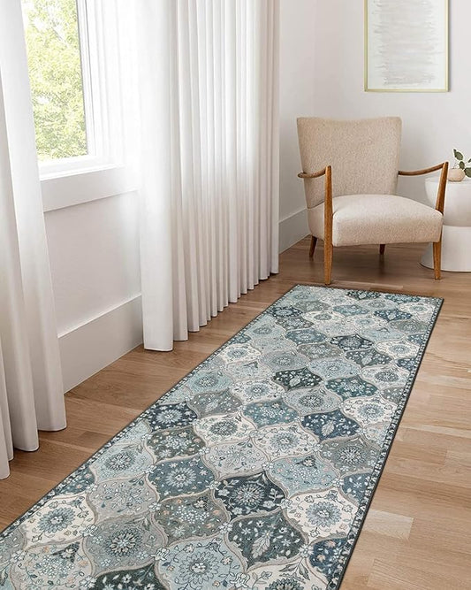 Lahome Moroccan Washable Runner Rug, 2'5''x8' Ultra-Thin Vintage Kitchen Runners for Hallways, Oriental Non-Slip Hallway Rug Carpet for Entryway Bedroom Laundry Room Foyer, Blue