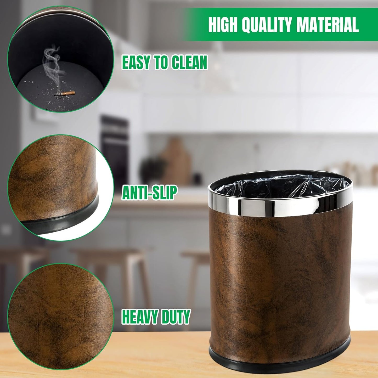 Invisi-Overlap' Open Top Leatherette Trash Can, Small Office Wastebasket, Modern Home Décor, Oval Shape (Brown)