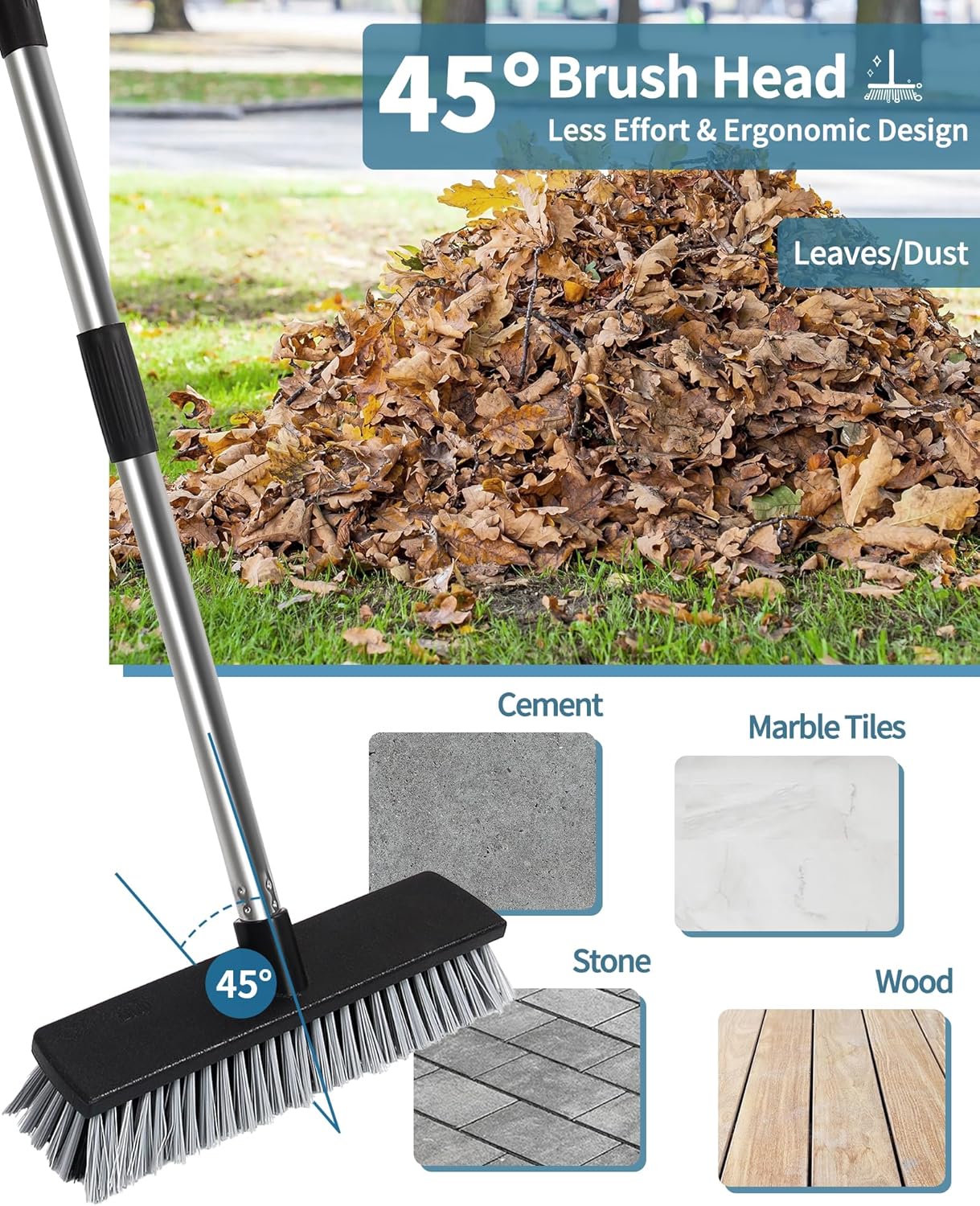 LandHope Hard Bristle Deck Broom Adjustable Long Handle Scrub Brush Heavy Duty Concrete Push Broom Outdoor Brush Garage Broom Wood Large Floor Scrubber 28-52 inch Balcony -Multi Segment Handle
