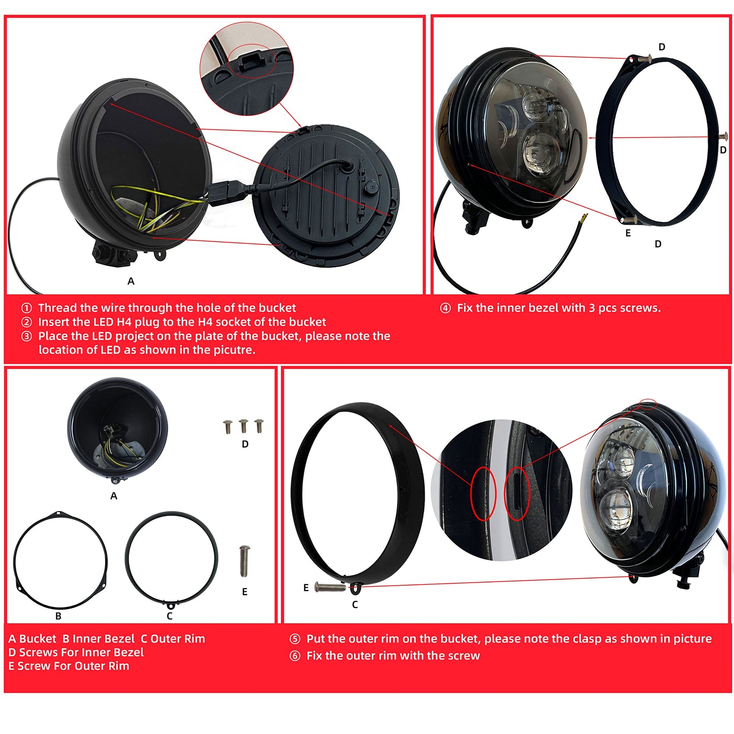 FATECIM 7in Round Motorcycle Headlight Bucket Heavy Duty Gloss Black FTC-1057