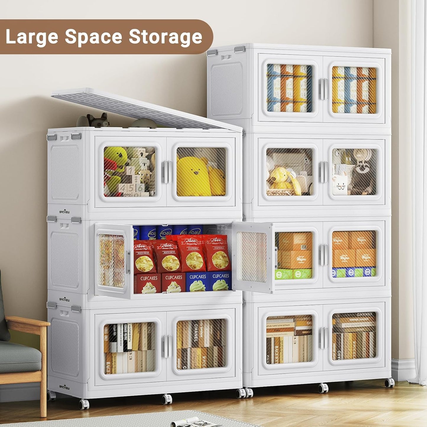 BROVIEW 1200 Qt Stackable Storage Bin with Lid, 300Gal Extra Large Collapsible Storage Boxes, Folding Plastic Drawer, Heavy-Duty Store Cabinet, Closet Organizer for Home Kitchen, 4 Pack White