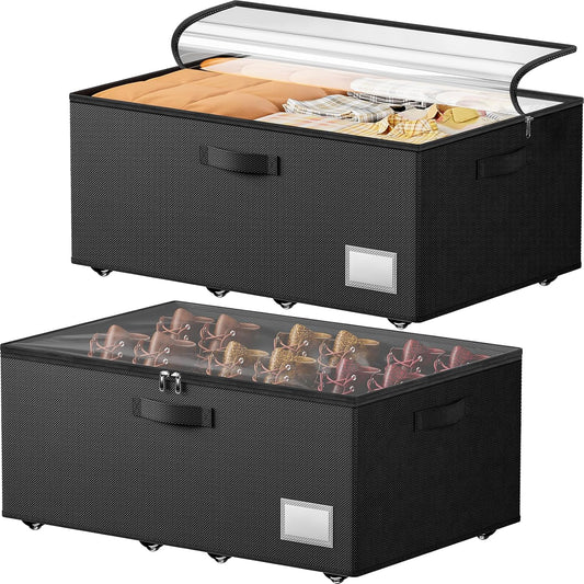 Underbed Storage with Wheels, 2 Pack Under Bed Storage Containers with Clear Lids No Assembly Required, 6.1 inch Rolling Under Bed Storage for Clothes, Shoes
