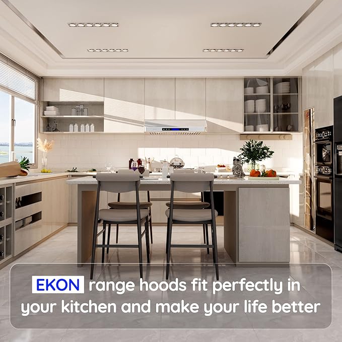 EKON 42 inches Under Cabinet Range Hood, 900 CFM Stainless Steel Kitchen Chimney Vent, 4 Speed Touch Screen Control With Remote 2Pcs 3W LED lights Dishwasher-safe Filters Fan Timer