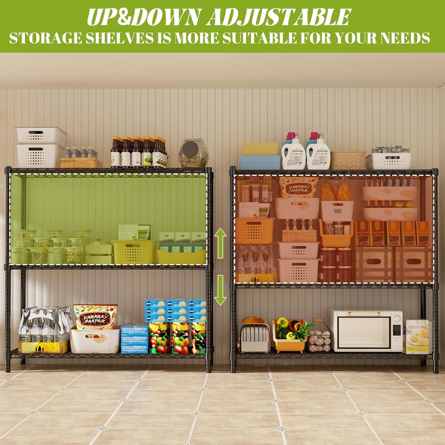 Storage Shelves, 4 PCS 48" L x 20" W x 47" H Heavy Duty Garage Wire Shelving Unit Loads 1200LBS, 3-Tier Adjustable Metal Industrial Utility Shelf Rack for Kitchen, Laundry Room, Basement