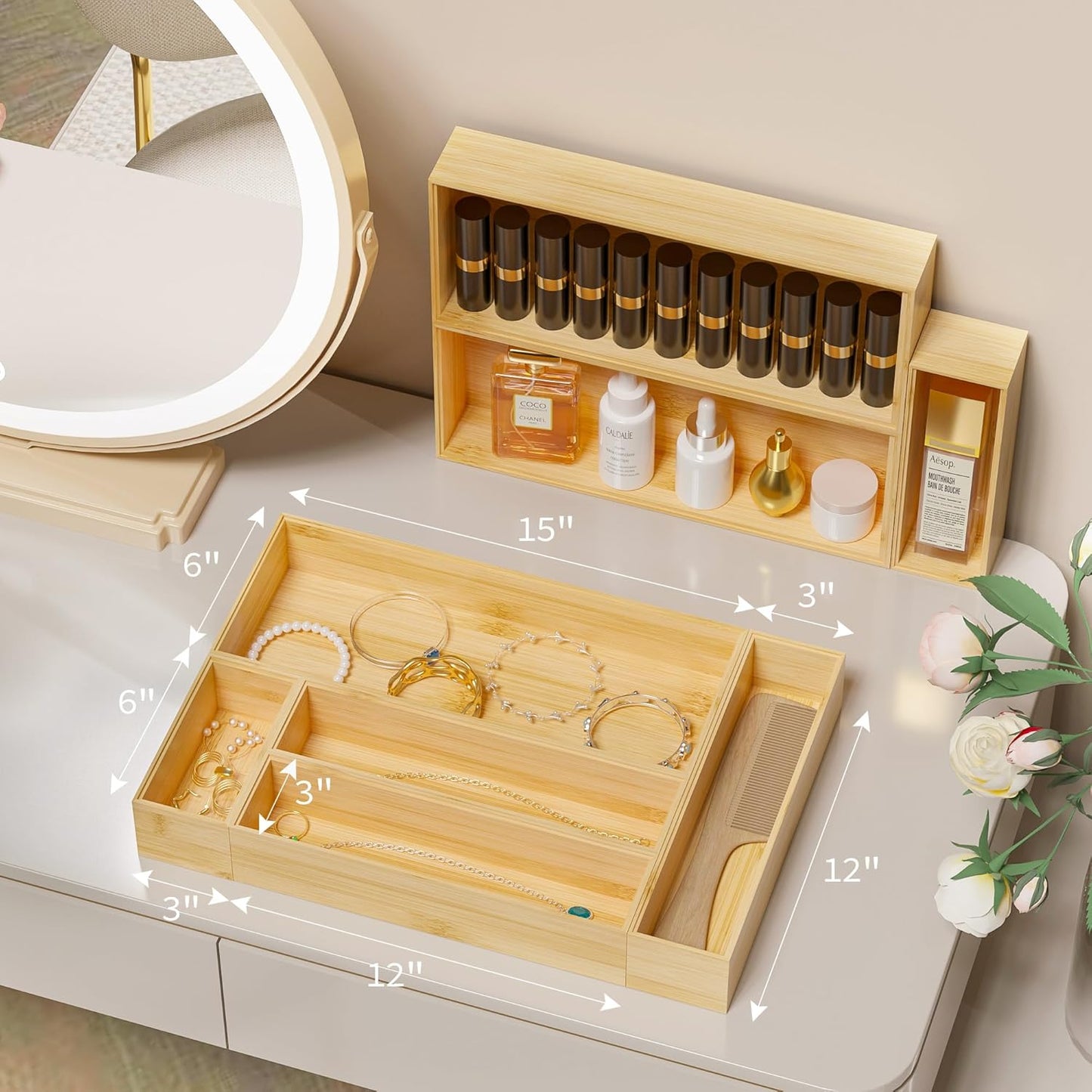 Kitchen Drawer Organizer Bins, Stackable Bamboo Deep Drawer Organizer for Silverware, Utensils, Cutlery, Flatware, Junk Drawer, Dresser, Bathroom, 12" x 3" x 2.5" (Set of 2)