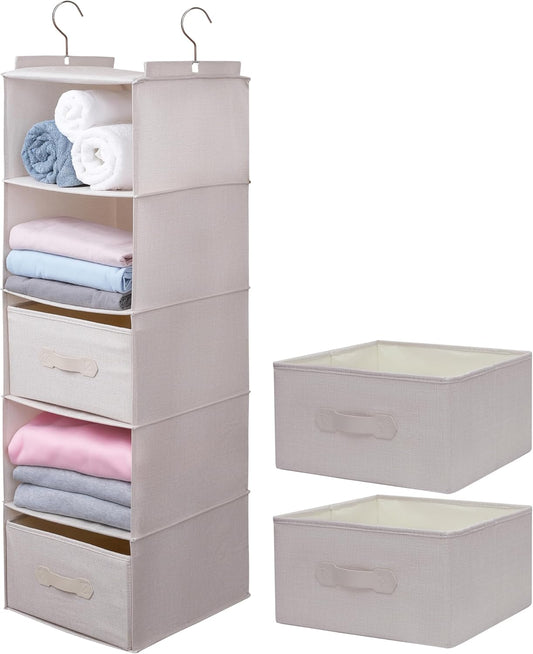 Large Hanging Sweater Organizer for Closet,Collapsible 6-Shelf Hanging Closet Shelves with Drawers, Washable (Beige -5 Shelf-2 d)