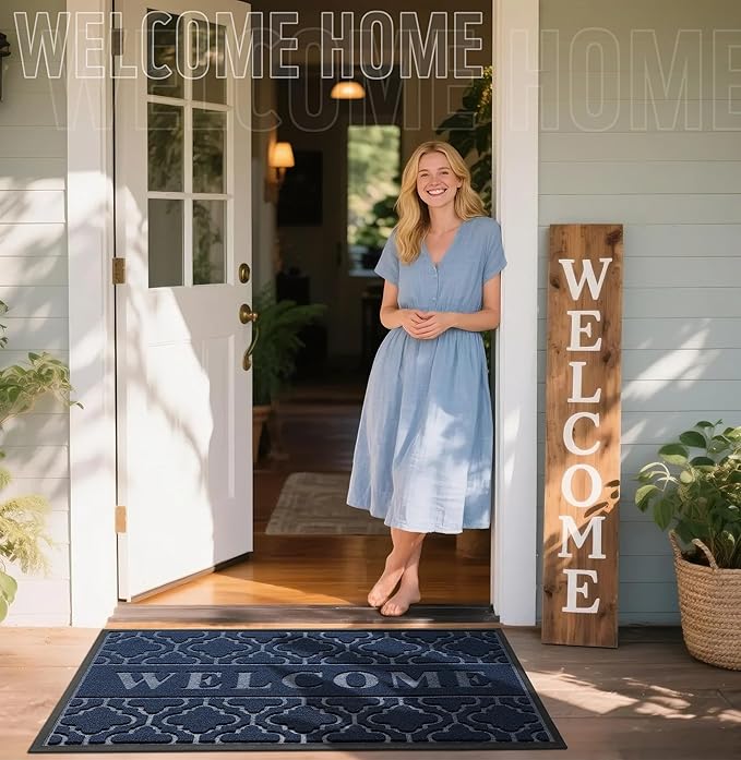 Yimobra Welcome Mat Outdoor Indoor, All-Season Waterproof Front Door Mat Outside Entrance, All-Weather Heavy Duty Non-Slip Doormat, Low Profile Porch Patio Entrance Mats, 47x32, Blue