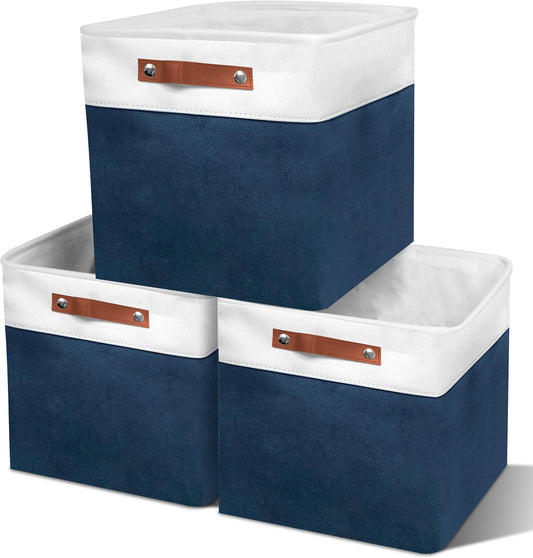 13in Open Fabric Storage Basket with Leather Handles for Organizing, Collapsible Linen Closet Bins for Shelves, Closets, Laundry, Decorative Basket for Gifts. (White＆Blue, 3PCS/13x13in)