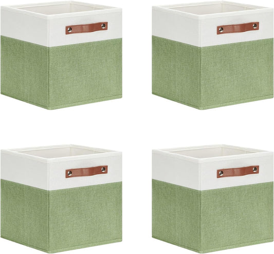 DULLEMELO 11x11 Cube Fabric Organizer Storage Bins for Shelf, Toy Square Green Bins, Kids Clothes Closet Baskets Storage, for Bedroom, Living Room, Dorm(White&Green-4 Pack)