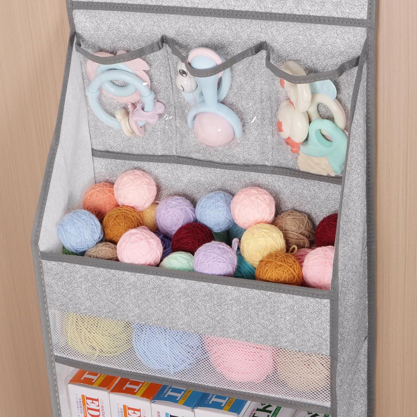 Univivi 5-Shelf Door Storage Over Door Hanging Organizer with 4 Large Pockets and 3 Small PVC Pockets Nursery Closet Cabinet Wall Mount Hanging Storage Organizers for Baby Nursery (Grey Pattern)