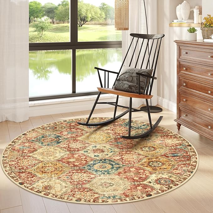Lahome Moroccan Trellis Washable Round Rugs, Non-Slip Soft Round Rug 4ft Ultra-Thin, Small Vintage Circle Carpet for Entryway Kitchen Bedroom Nursery Bathroom, Red/Orange