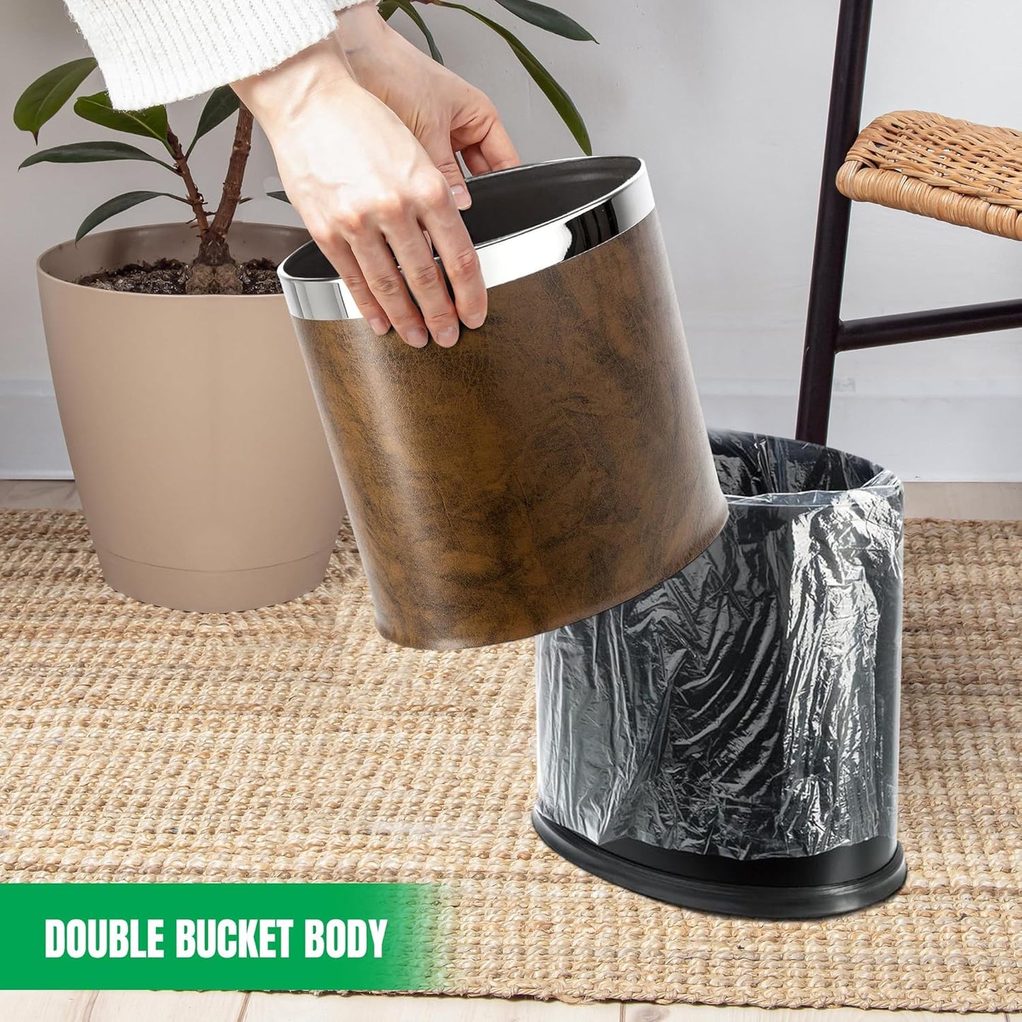 Invisi-Overlap' Open Top Leatherette Trash Can, Small Office Wastebasket, Modern Home Décor, Oval Shape (Brown)