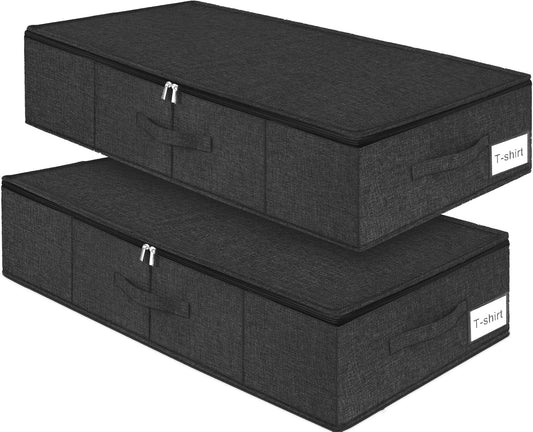 punemi Under Bed Storage Container, 2 Pack Underbed Storage Bags With Lid, Foldable Sturdy Clothes Storage Organizer W/ 3 Handles, Ultra Thick Fabric Blanket Shoe Storage Box, 30x15x6.7inch, Black