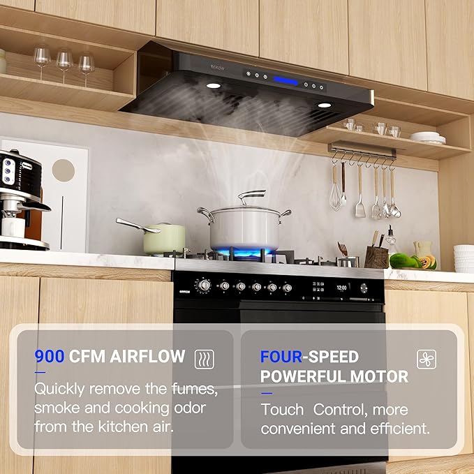 EKON 36 Black inches Under Cabinet Range Hood, 900 CFM Stainless Steel Kitchen Chimney Vent, 4 Speed Touch Screen Control With Remote 2Pcs 3W LED lights Dishwasher-safe Filters Fan Timer