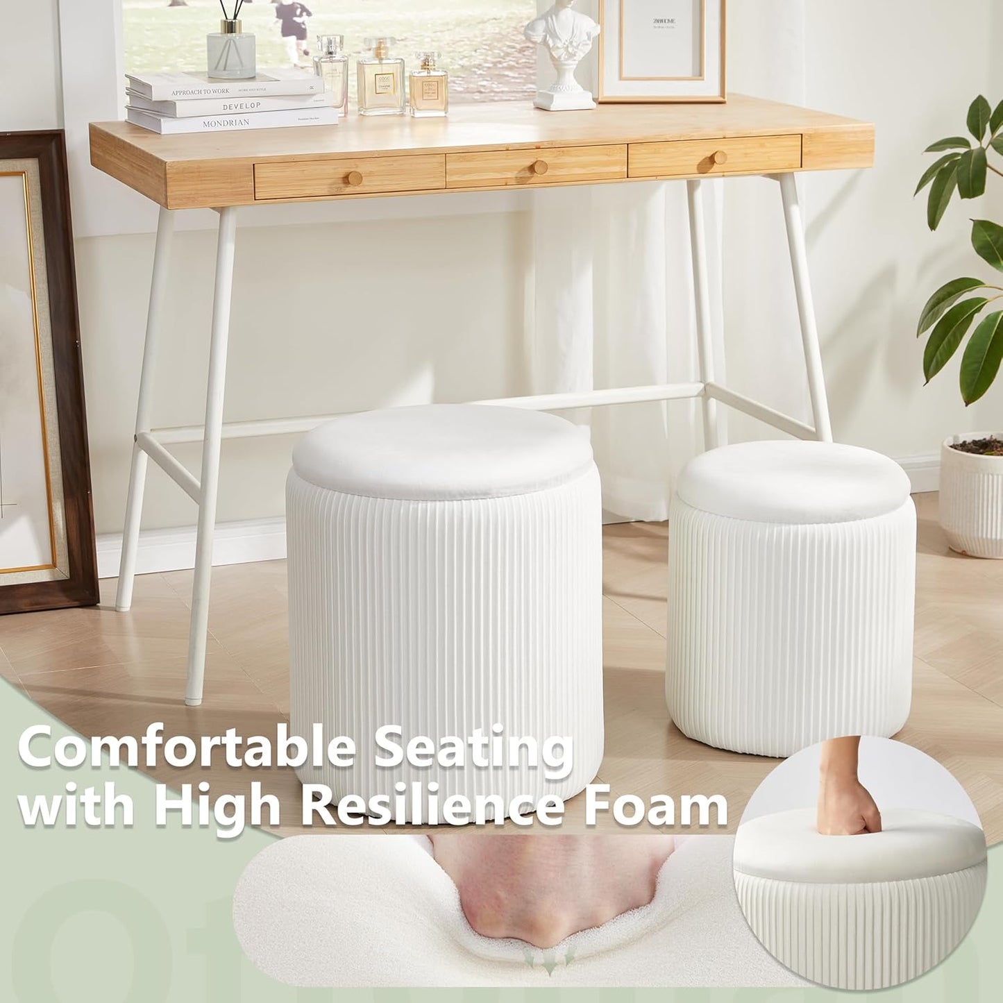 Round Ottoman with Storage Set of 2,Vanity Stool with Storage for Bedroom, Ottoman Coffee Table,Small Velvet Foot Stool for Living Room, White
