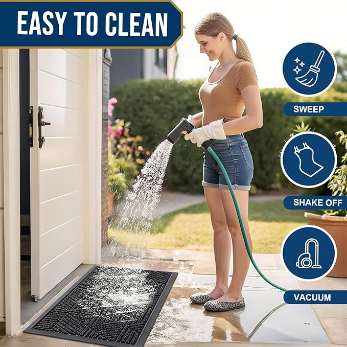 Smiry Front Door Mat Outside Entrance, Heavy Duty Sturdy Natural Rubber Doormat, Trap Dirt and Moisture, Easy Clean Low Profile Mats for Indoor Outdoor Entry, Irregular Triangle (59x40, Black)