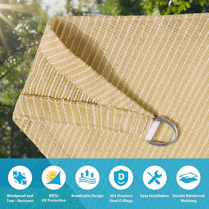 Amagenix Sun Shade Sail 15'X15'X15' Curved Edge Outdoor Shade Canopy Beige Breathable 95% UV Block Shade Cloth for Patio Garden Backyard (We Make Custom Size)