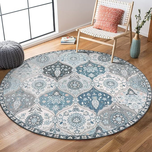Lahome Moroccan Trellis Washable Round Rugs, Non-Slip Soft Round Rug 4ft Ultra-Thin, Small Vintage Circle Carpet for Entryway Kitchen Bedroom Nursery Bathroom, Blue