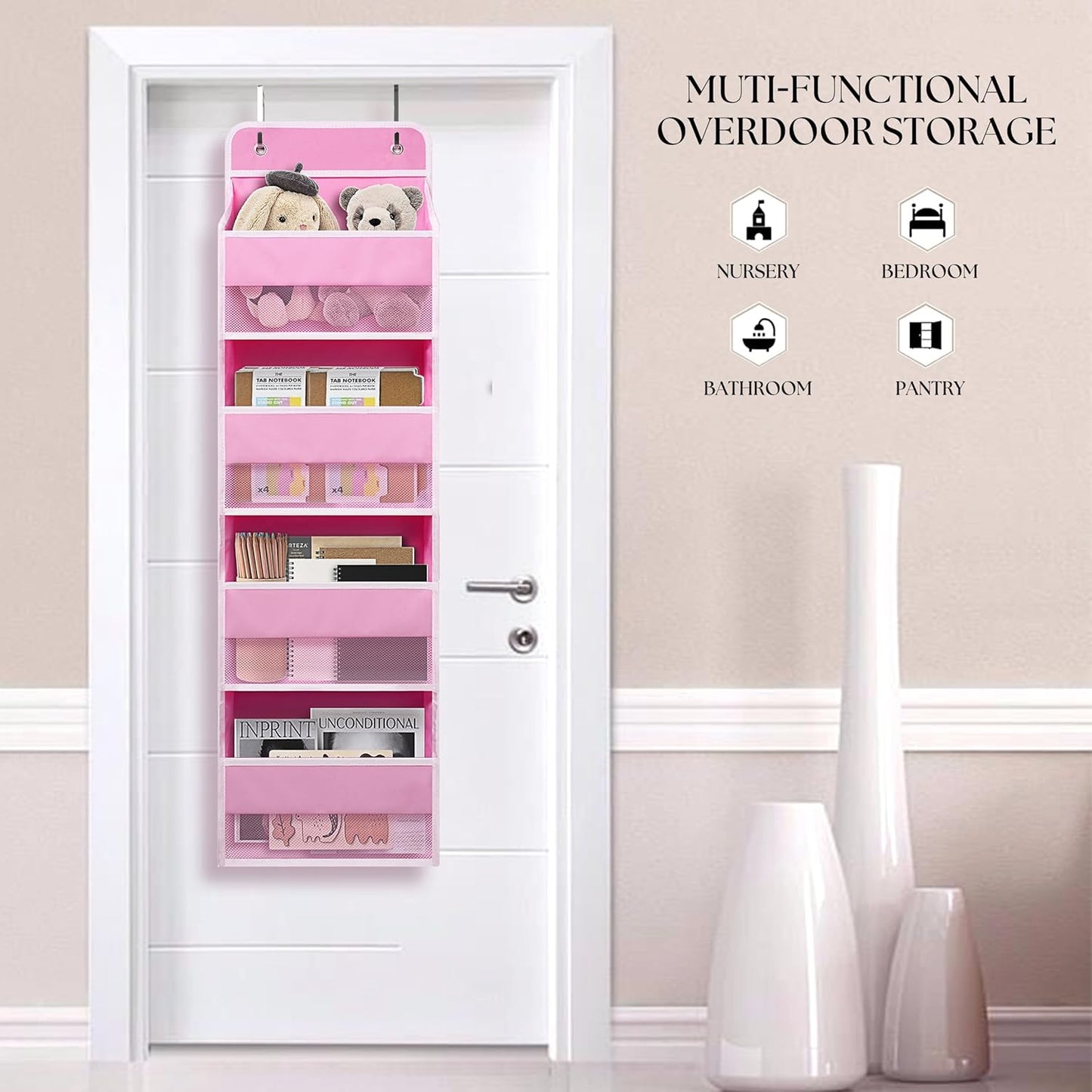 Over The Door Hanging Organizer with 4 Large Pockets – Closet, Bathroom, Nursery, Bedroom, Dorm Storage for Toys, Cosmetics, and Baby Essentials, Pink