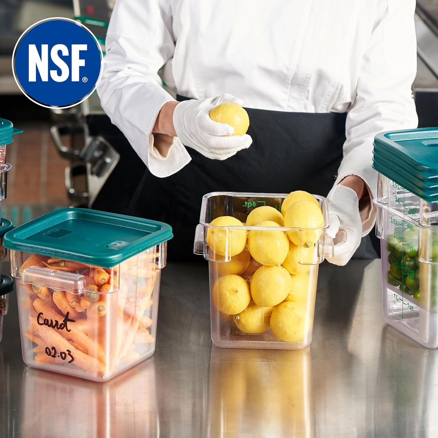 CURTA 4 Pack Food Storage Container with Green Lid - NSF Commercial Grade in 4.0 Qt - Square, Clear, Polycarbonate